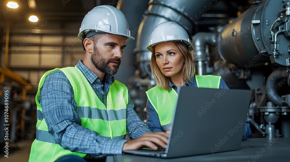 Aufkleber two engineers a man and a woman wearing reflective vests and safety helmets sitting in front of a la