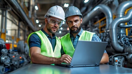 Two engineers wearing reflective safety vests and helmets collaborating on a laptop in an engine room setting  The fair lighting creates a focused and productive work environment