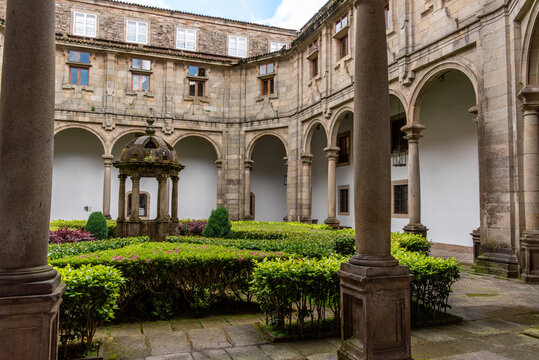 Santiago de Compostela, Spain - Mai 21, 2024 - Cloister of Saint Matthew in the famous historic Hostal dos Reis Catolicos in Santiago de Compostela