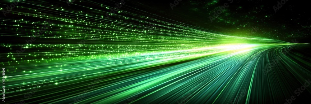 Poster dynamic green light trails with sparkling effects in dark background, representing speed and technol