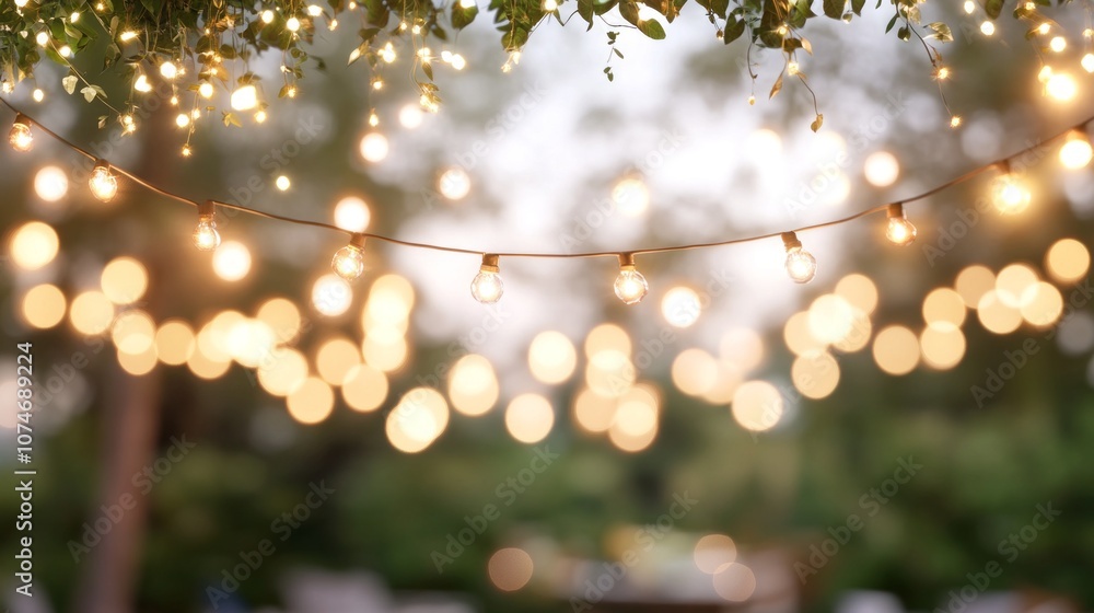 Poster a string of lights hanging from a tree, creating a warm and inviting atmosphere