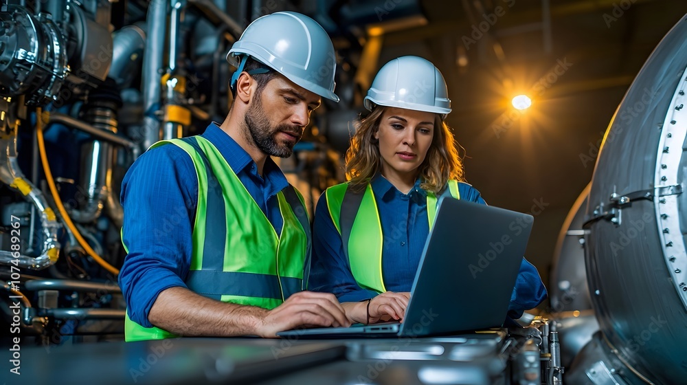Poster two engineers one male and one female wearing safety helmets and reflective vests working together o
