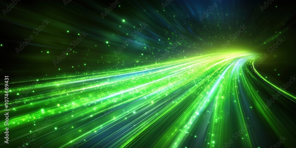 Poster bright green light trails and sparkles on dark background representing speed, energy, and digital te