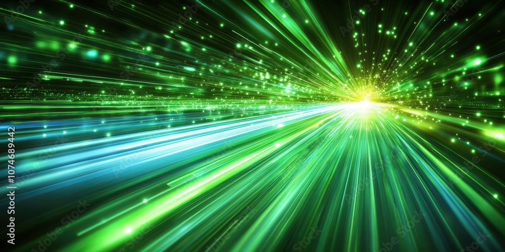 Poster vivid green light burst with dynamic rays and sparkles creating a sense of motion and energy in an a