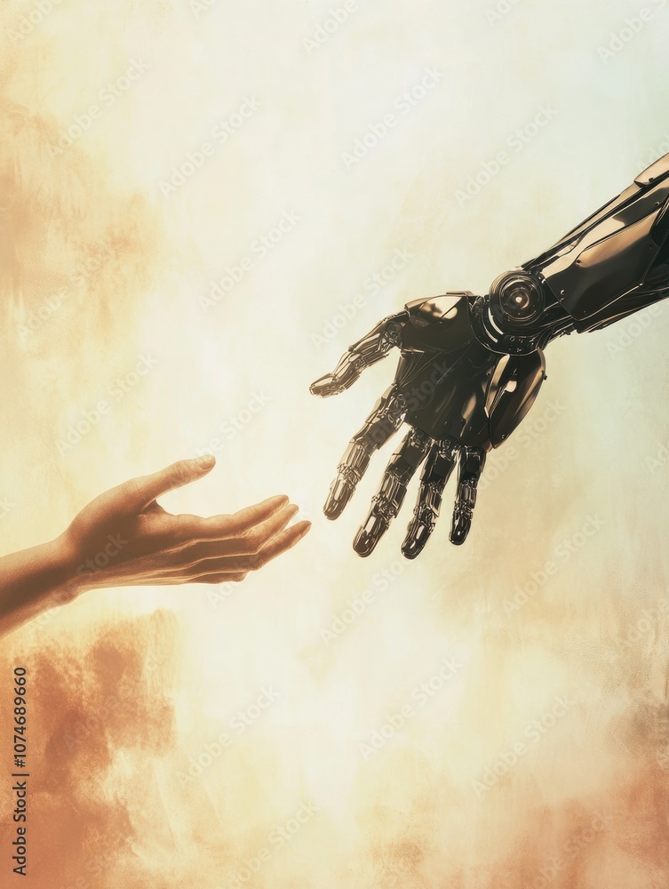 Leinwandbilder a human hand extends towards a robotic hand, representing the merging of human and artificial intell