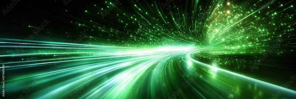 Poster dynamic green light trails with sparkling effects creating a sense of motion and energy in a futuris