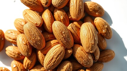Fototapeta premium Fresh Almond Nuts with Water Drops on White Background - High-Resolution Candid Photography