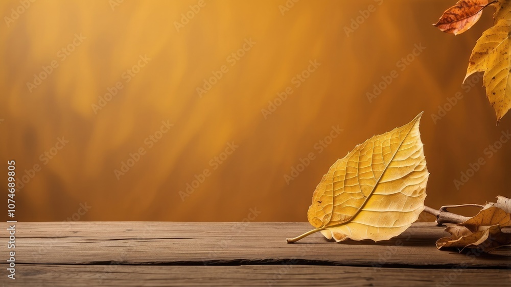 Poster an autumn tree's dry leaf with a yellow-ocher backdrop that can be used as a graphic resource and ha