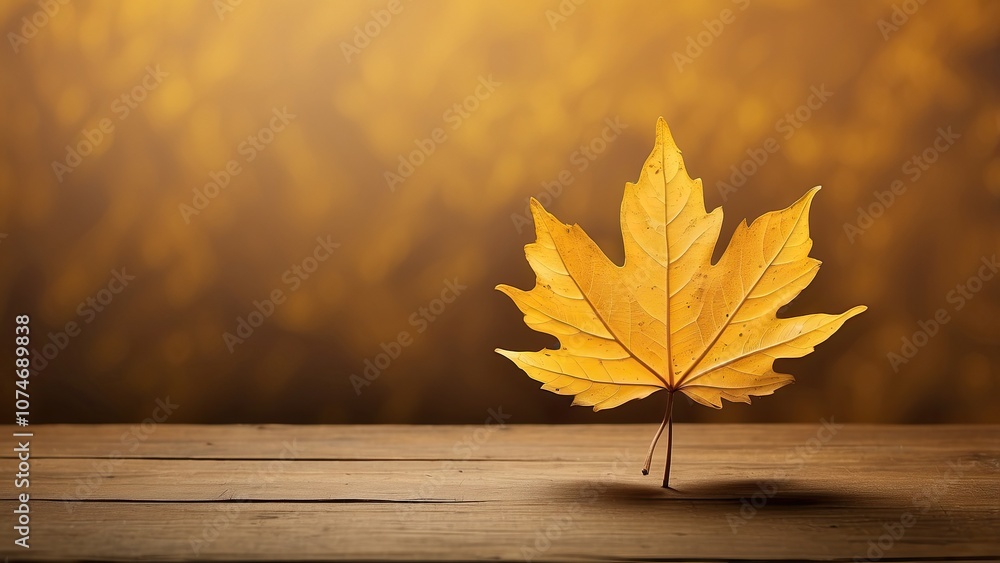 Poster an autumn tree's dry leaf with a yellow-ocher backdrop that can be used as a graphic resource and ha