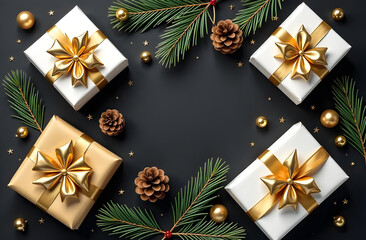 Holiday background, presents in white and golden paper on black background, top view, flat lay, Holiday, Christmas, New Year 