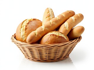 A variety of freshly baked bread rolls and sticks are neatly arranged in a woven basket, showcasing their golden crusts against a clean white background