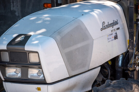 Ermida, Portugal - Mai 23, 2024 - Closeup of a classic white Lamborghini tractor