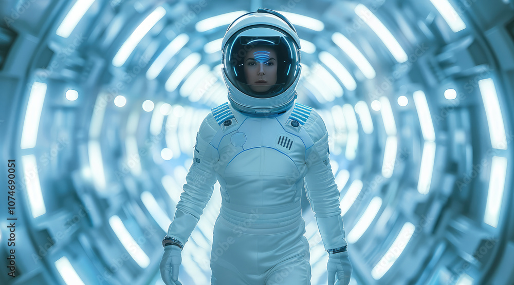 Poster an astronaut floats inside a futuristic, brightly lit corridor with sleek metallic walls. her white 