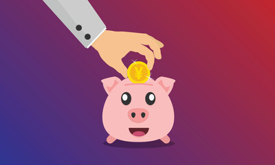 Hand placing a gold Yen coin into a pink piggy bank. Concept of saving money. Vector illustration