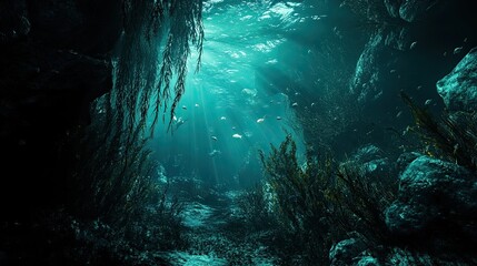 Underwater paradise: sunlight piercing through ocean depths with fish and seaweed