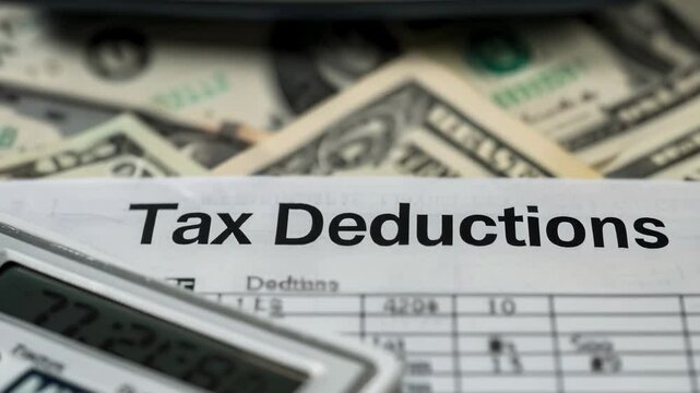Blurred us dollar banknotes scattered under a tax form with a calculator, showing tax season. Captures financial planning, accounting, income, expenses, and budgeting