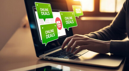 A person typing on a laptop with pop-up messages about online deals illuminated by natural light.