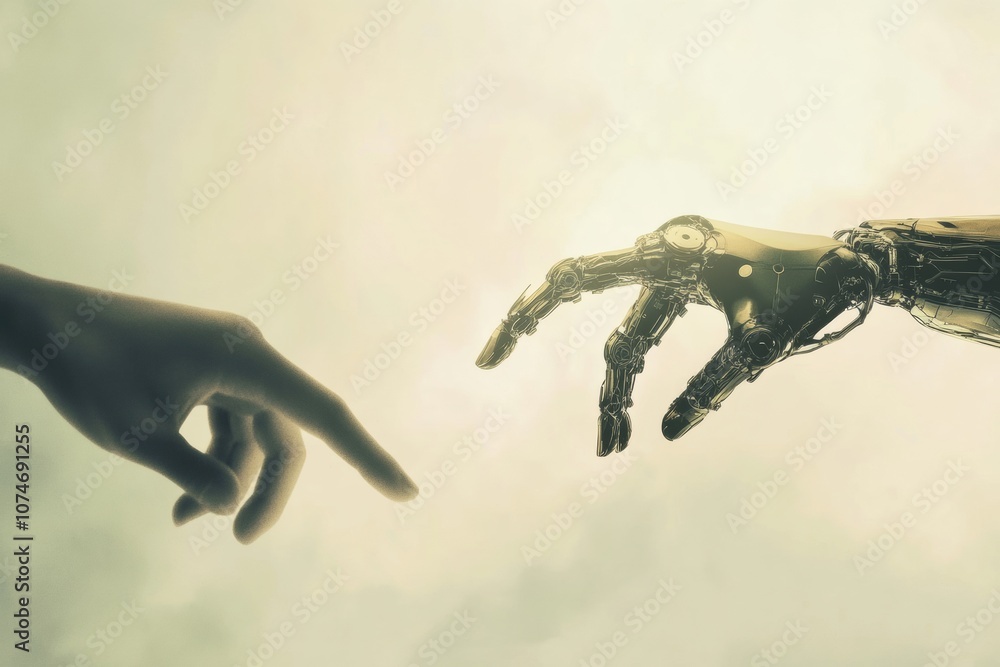 Aufkleber a human hand extends toward a robotic hand, symbolizing the emerging partnership between humans and 