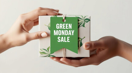 A pair of hands exchanging a gift box featuring a "Green Monday Sale" tag, promoting discounts in a festive, eco-friendly style.