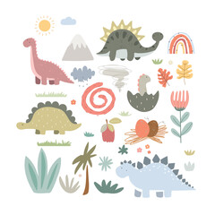 Set with dinosaurs and plants, hand drawn caroon animals , flowers, leaves, grass, rainbows , mountains, sun and clouds. Cute kids illustration. © Юлия Ткачук