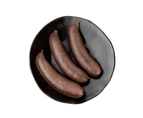 Black pudding isolated, blood sausage kaszanka, traditional Polish terrine, brawn sausages on white