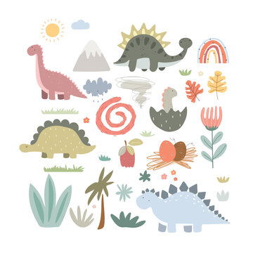 Set with dinosaurs and plants, hand drawn caroon animals , flowers, leaves, grass, rainbows , mountains, sun and clouds. Cute kids illustration.
