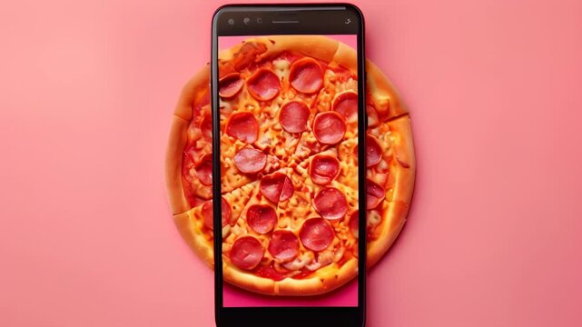 Smartphone displaying a vibrant pepperoni pizza on a matching pink background creates a striking visual, ideal for food photography, technology, or marketing themes