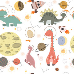 Seamless pattern with a cute dinosaur in space - vector illustration, planets, space sheap, moon, stars. Kids illustration. © Юлия Ткачук