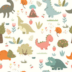 Dino, plants, fruits, kids fall seamless pattern. Vector illustration for kids.