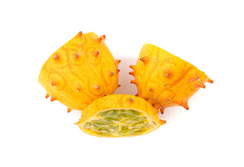 Kiwano cuts isolated, jelly melon halves, cucumis metuliferus, horned melon, african horned cucumber