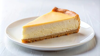 A Single Slice of Creamy Cheesecake with a Golden Crust, Served on a White Plate