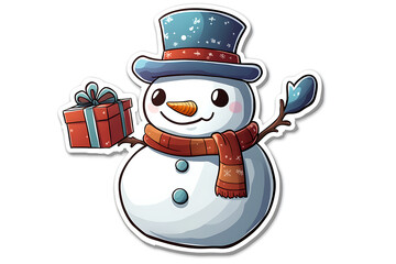 Cheerful snowman holding a gift, surrounded by a winter wonderland, perfect for conveying festive spirit during the holiday season