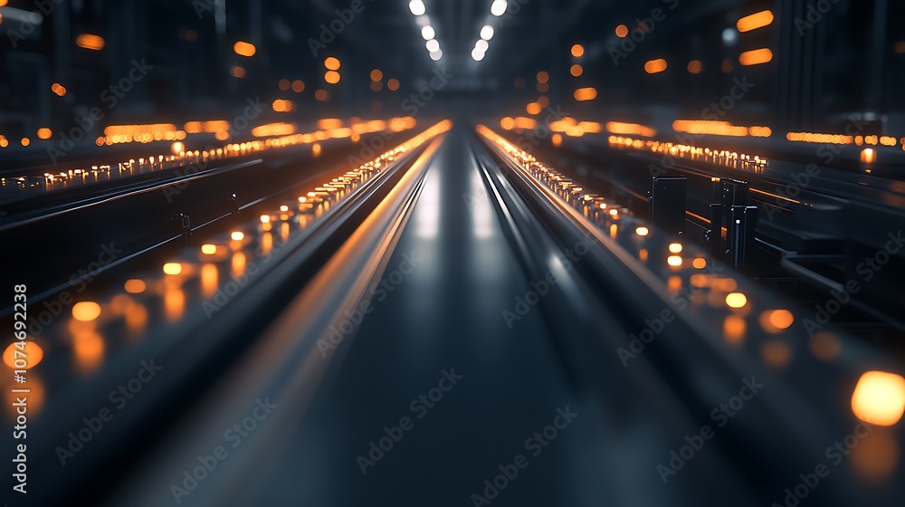 Poster a dimly lit industrial setting with glowing lines suggesting motion along a pathway or track, creati