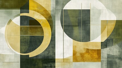 Fototapeta premium Abstract geometric art with circles and lines in green and gold tones
