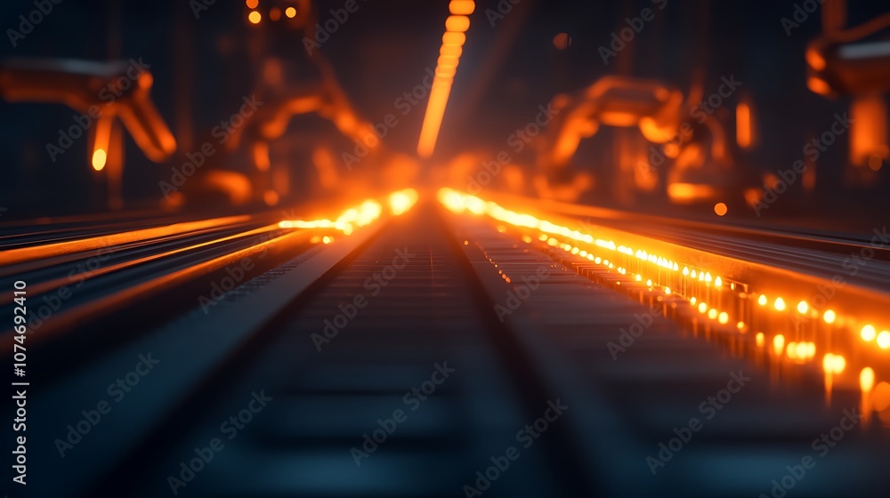 Poster a futuristic industrial scene featuring glowing orange lines and robotic arms, suggesting advanced a