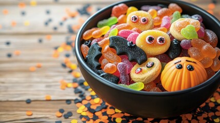 A black bowl brimming with vibrant Halloween candies, like eyeball gummies, pumpkin-shaped cookies, and candy bats, placed on a wooden table decorated with tiny orange and black confetti.