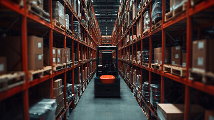 aisle of goods company, in the middle machinery to move and place the packages.