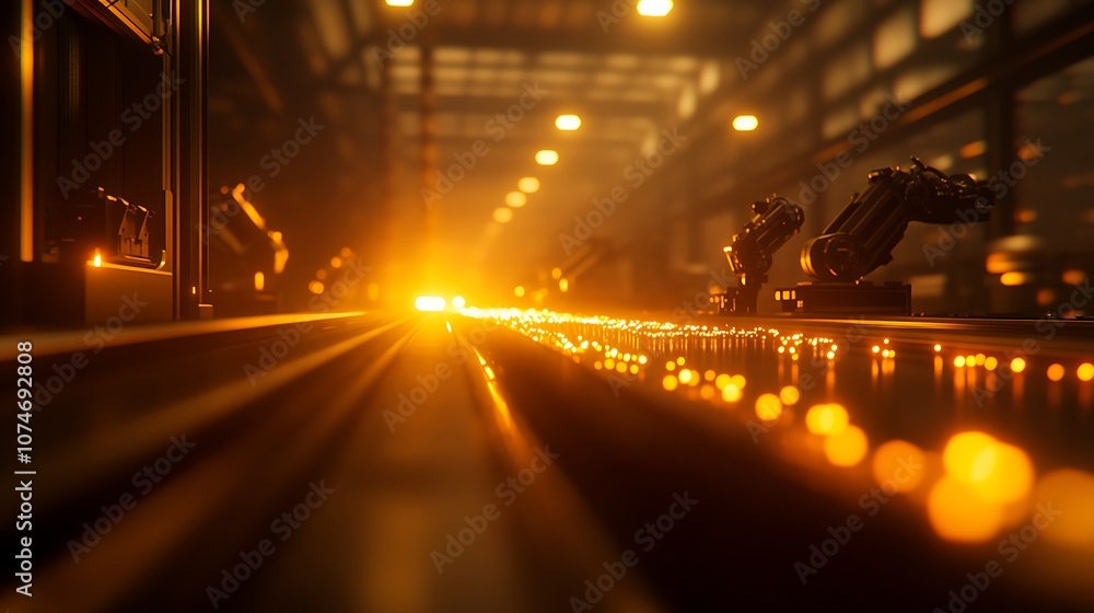 Poster A glowing industrial scene featuring robotic arms and bright lights, emphasizing advanced manufacturing technology and automation.