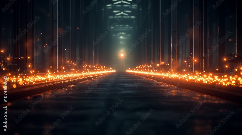 Aufkleber a mysterious, dimly lit corridor illuminated by glowing particles, leading into the darkness, creati
