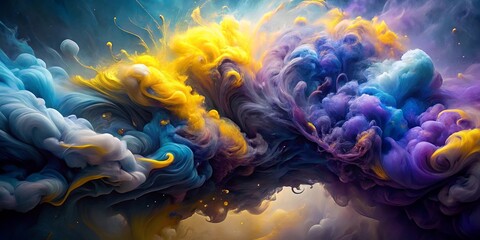 Obraz premium Abstract Swirling Colors A Symphony of Yellow, Blue, and Purple Ink