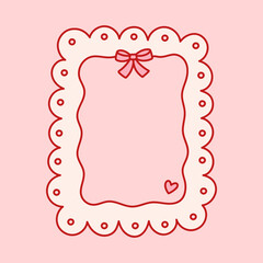 Coquette pretty charming frame with small pink bow, lace and heart. Holiday trendy border. Vintage background for greeting cards, wedding, invitations, social media