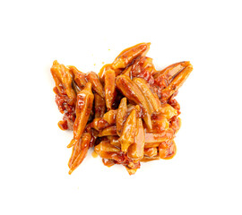 Stewed okra, cooked bamya fruits isolated, traditional asian dish bamia in red sauce, okra stew closeup
