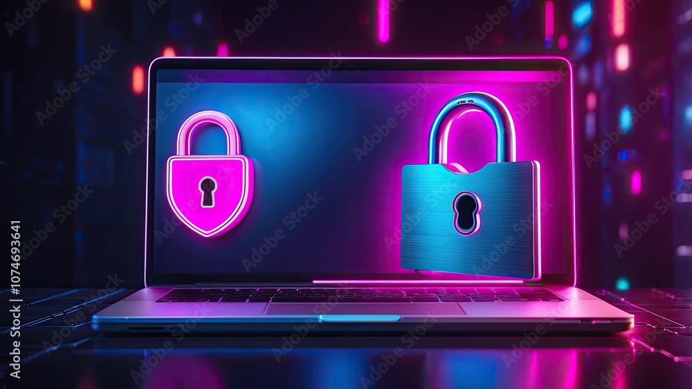 Poster an open laptop displaying a padlock emblem in a neon setting, signifying cybersecurity