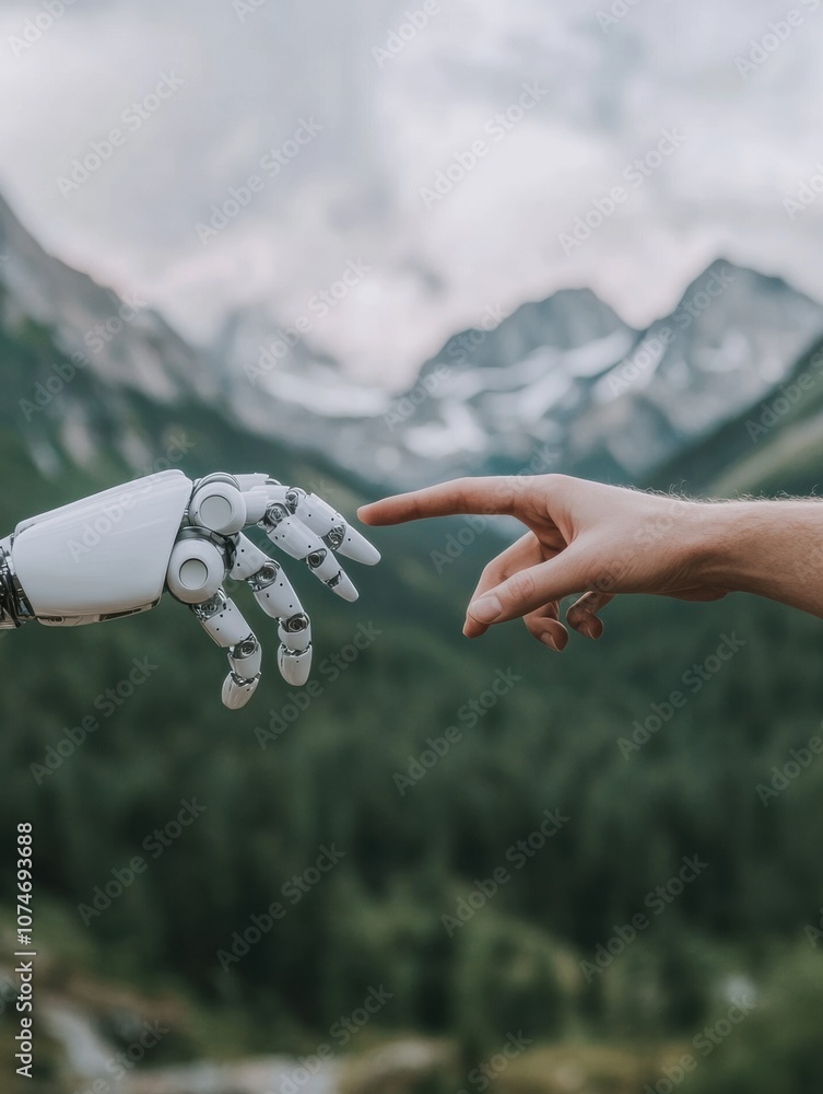 Aufkleber a human hand extends to connect with a robotic hand, symbolizing the bridge between technology and h