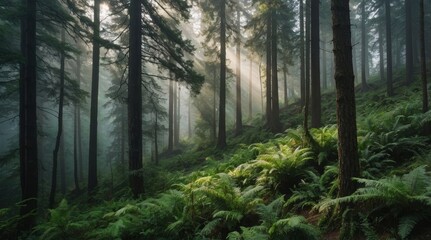 Fototapeta premium lush green forest on a misty fog