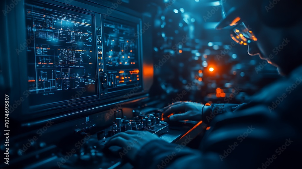Poster a person works intently at a high-tech workstation, illuminated by glowing screens and a blue ambian