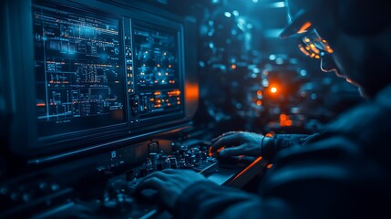 Obraz premium A person works intently at a high-tech workstation, illuminated by glowing screens and a blue ambiance, implying a futuristic or cyber environment.