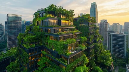 Obraz premium A modern cityscape showcasing green development and sustainable growth, featuring eco-friendly buildings and lush greenery, representing environmental progress and urban sustainability.
