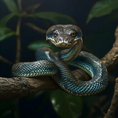 Fototapeta premium blue viper snake on branch viper snake ready to attack blue insulars animal closeup