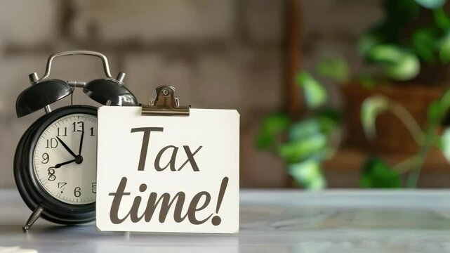 Tax time notice held by a clip with alarm clock on a desk reminds people of the approaching tax deadline and the importance of filing taxes on time